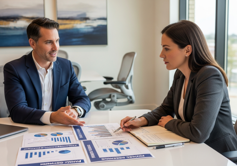 Financial advisor presenting growth strategy to business owner in professional office meeting