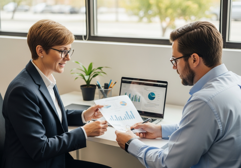 Tax advisor and business client reviewing financial documents in a North Texas CPA office