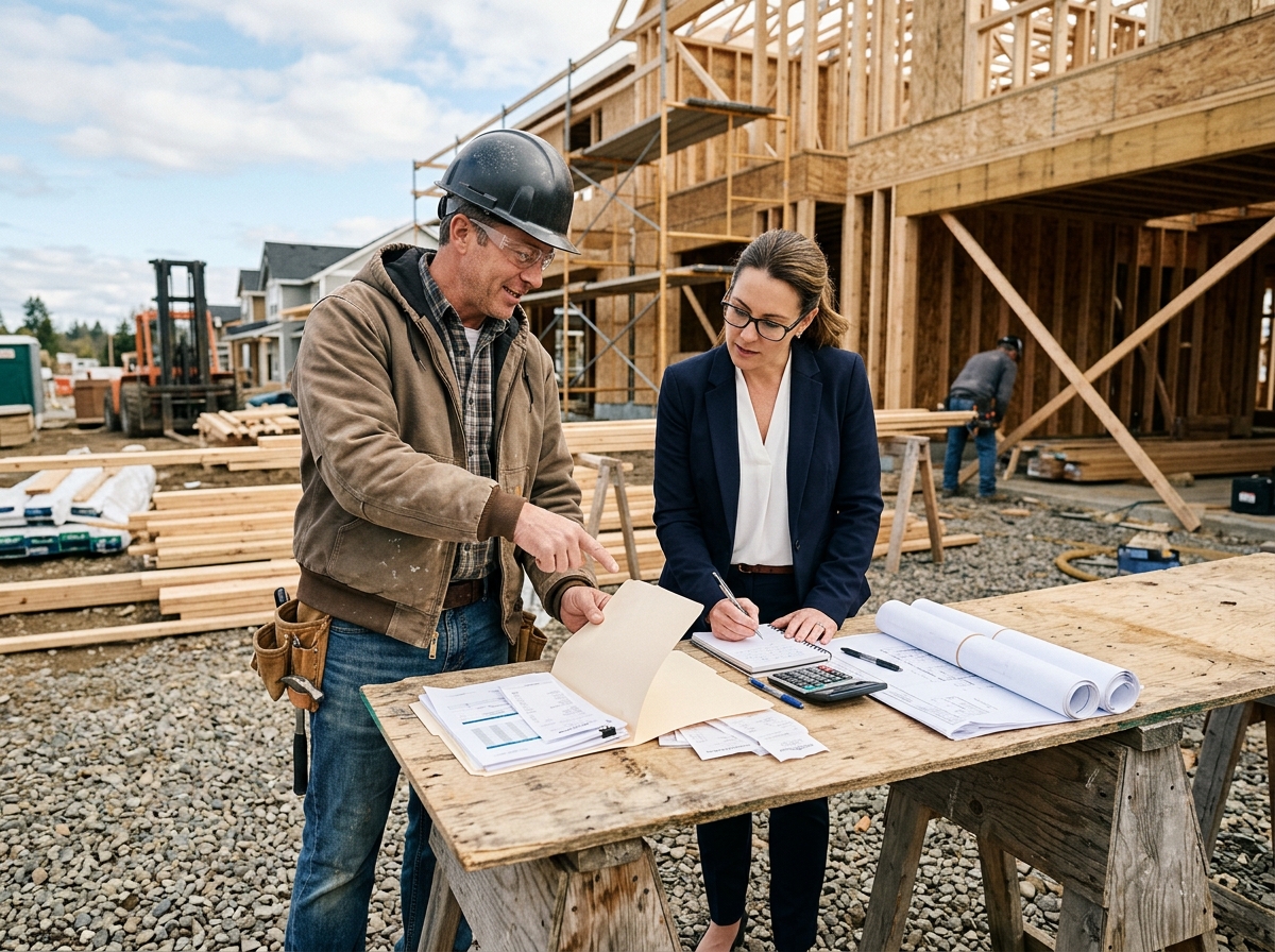 A contractor in work clothes and a tax advisor standing together at a job site, reviewing a folder of paperwork spread across a sawhorse or plywood table, blueprints rolled up nearby