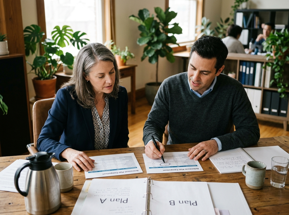 Two people at a conference table comparing printed retirement-plan comparison sheets side by side, one person circling a figure with a pen
