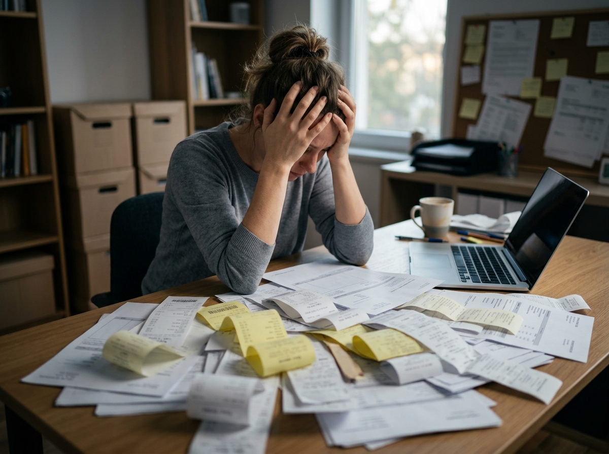 A person looking frustrated at a disorganized pile of paper receipts and documents spread across a desk, with a half-open laptop in the background.