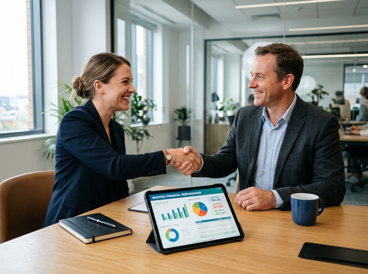 A professional handshake across a clean, modern desk with a tablet displaying a financial report and two people smiling, representing a client and their trusted bookkeeper/advisor.