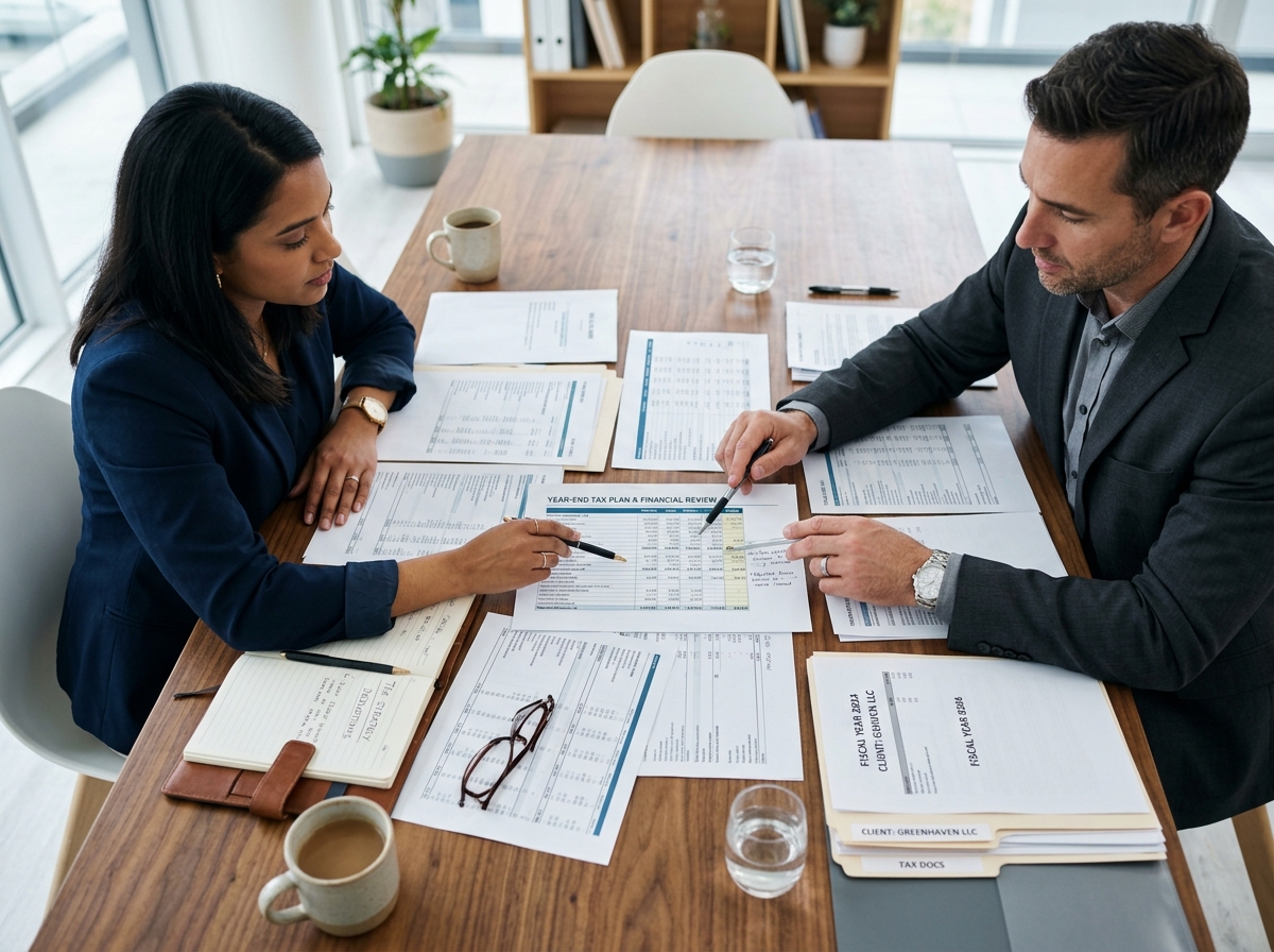 Overhead shot of a business owner and a tax advisor reviewing documents on a table. Hands pointing at a spreadsheet.