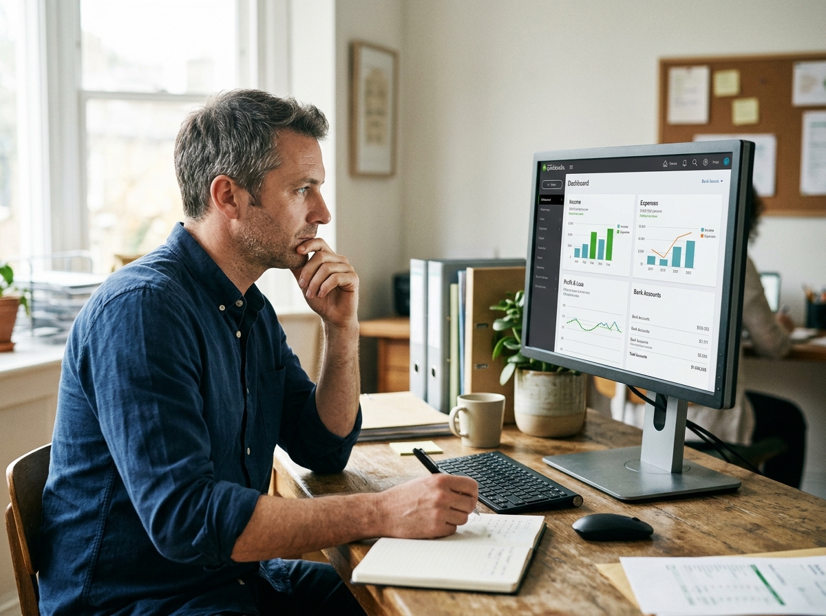 A businessman looking thoughtfully at a computer screen displaying a QuickBooks Online dashboard, with a pen in hand.
